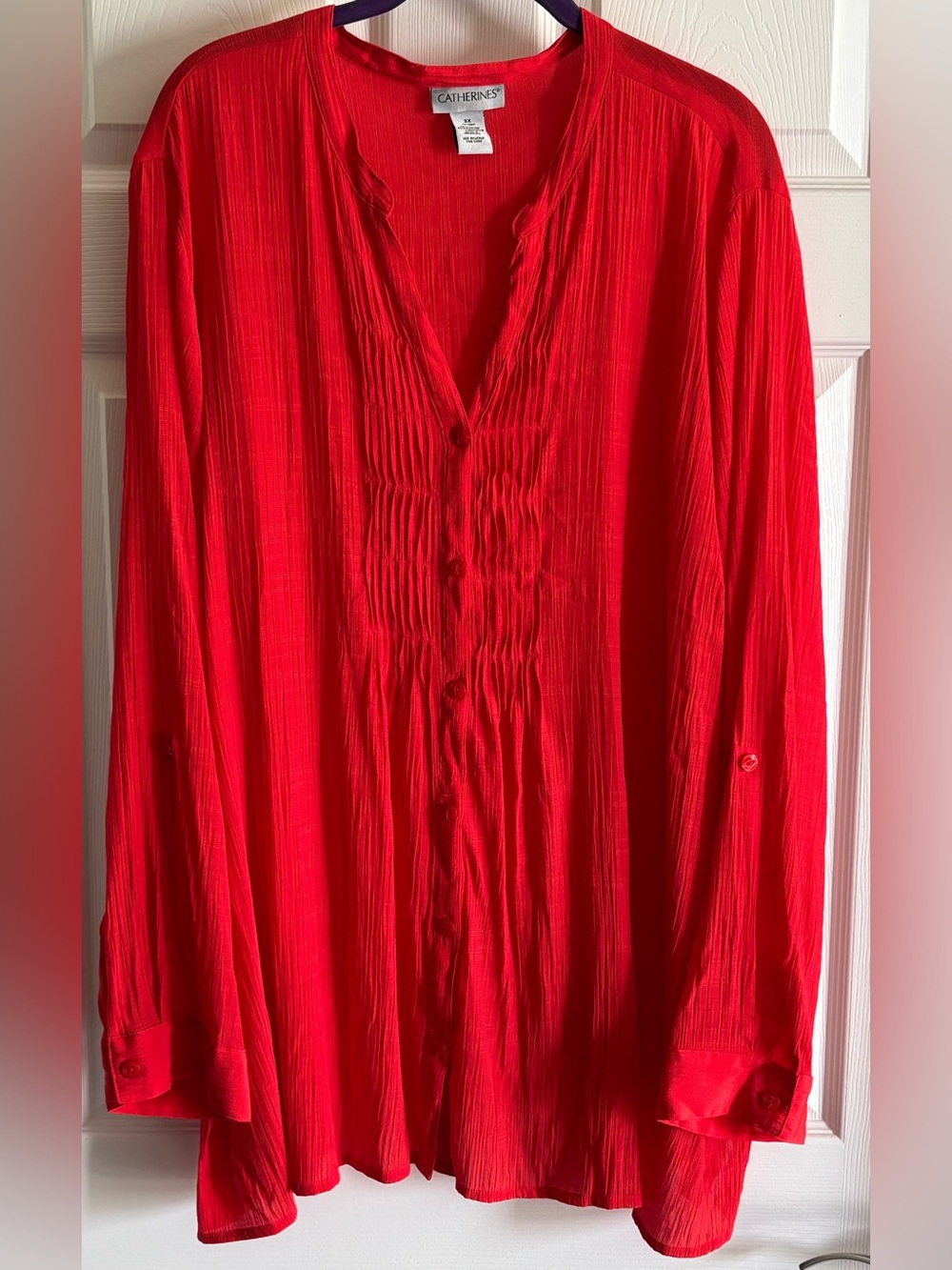 Catherines Vibrant Red Pintuck Button-Front Blouse